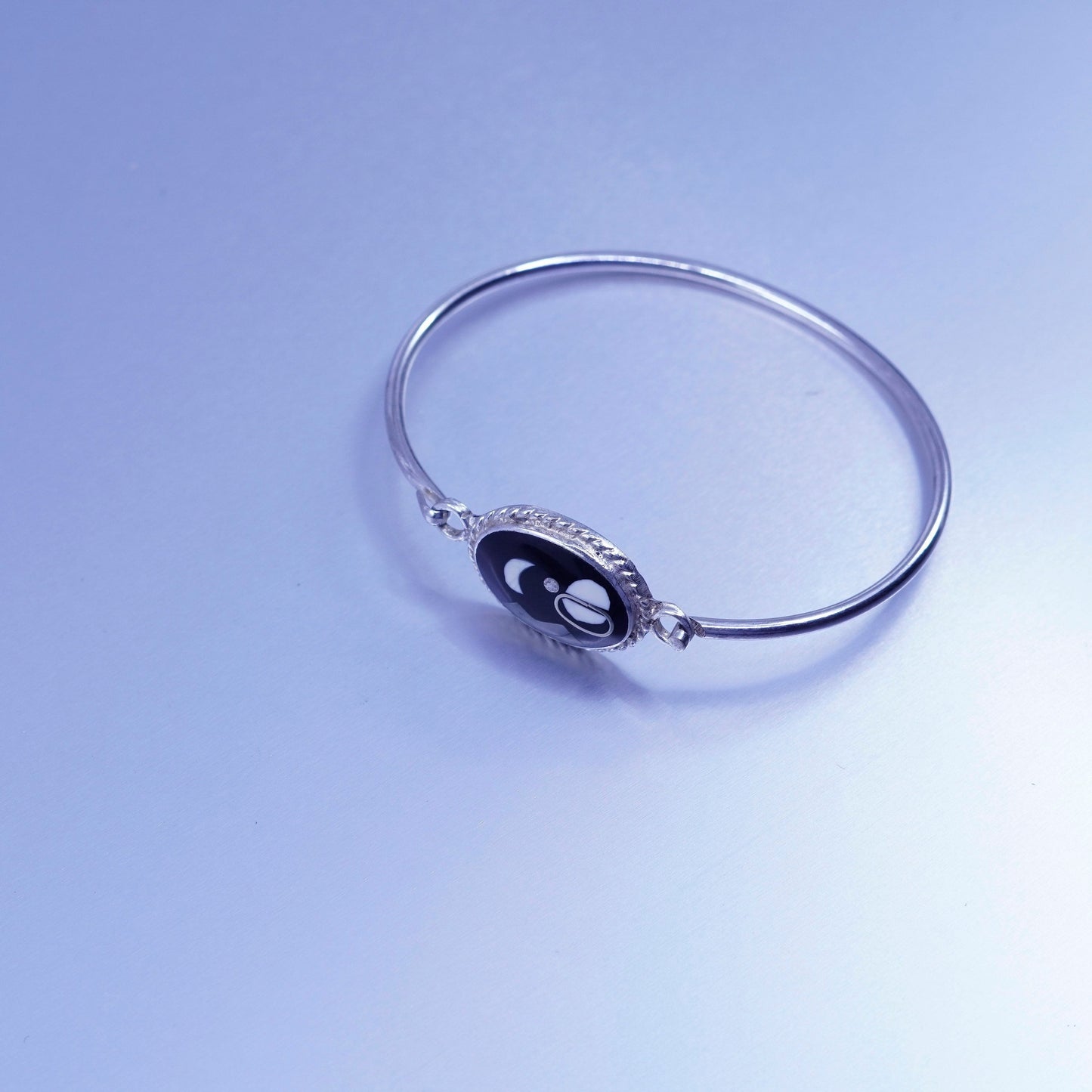 6.5”, Mexico Sterling 925 silver bracelet, hinged bangle enamel moon star