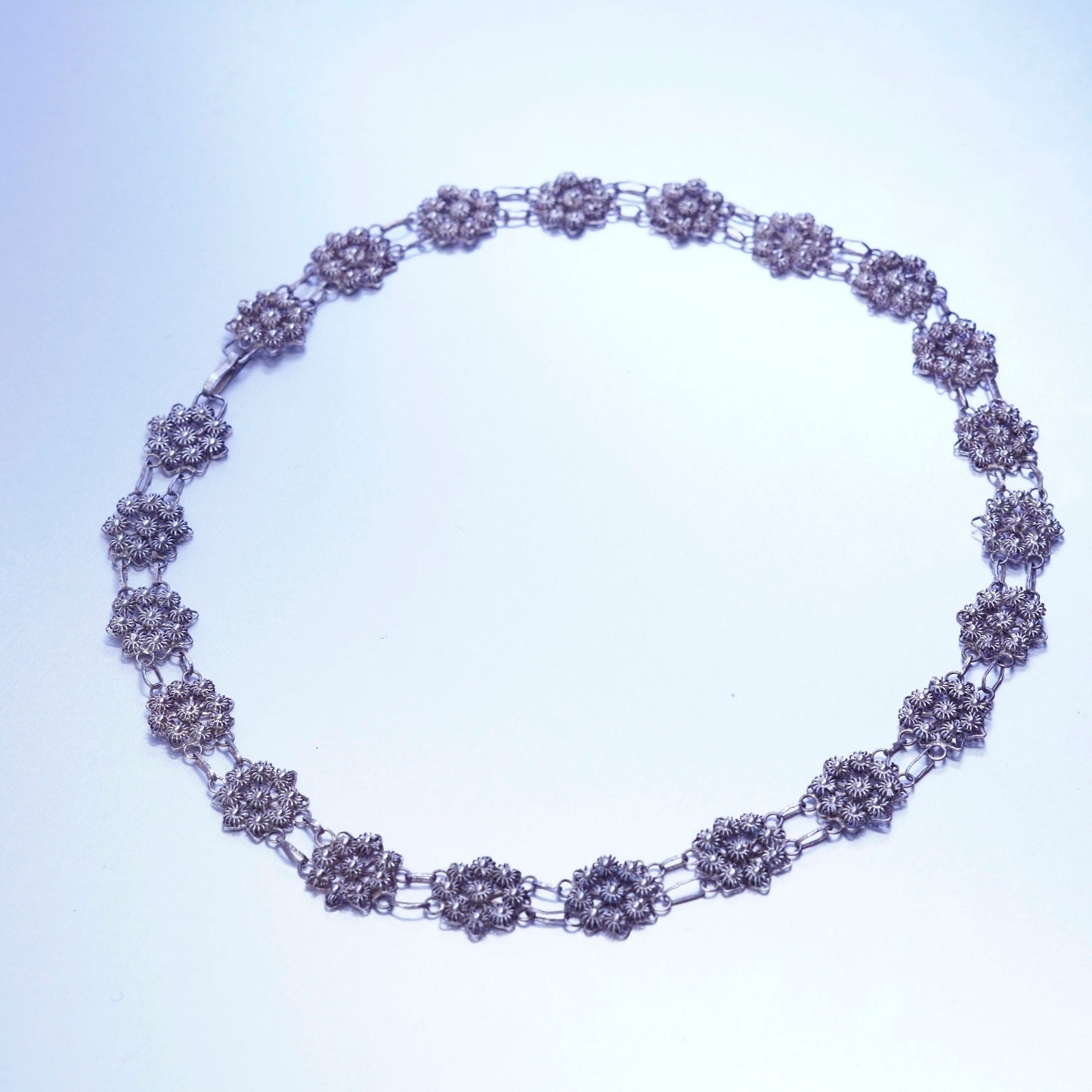 18”, vintage southwestern Sterling 925 silver handmade filigree flower necklace
