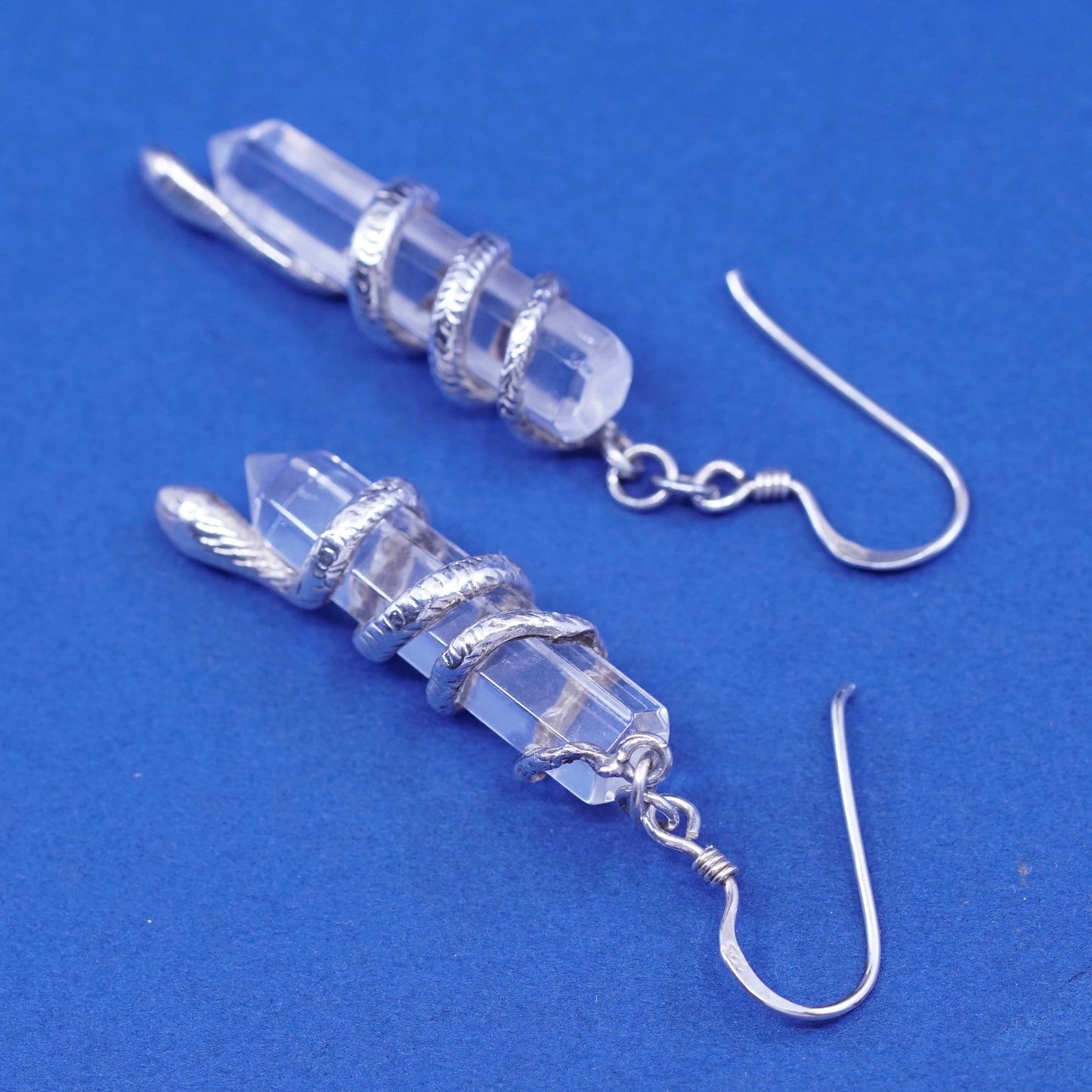 Vintage sterling 925 silver handmade earrings, clear healing crystal with snake