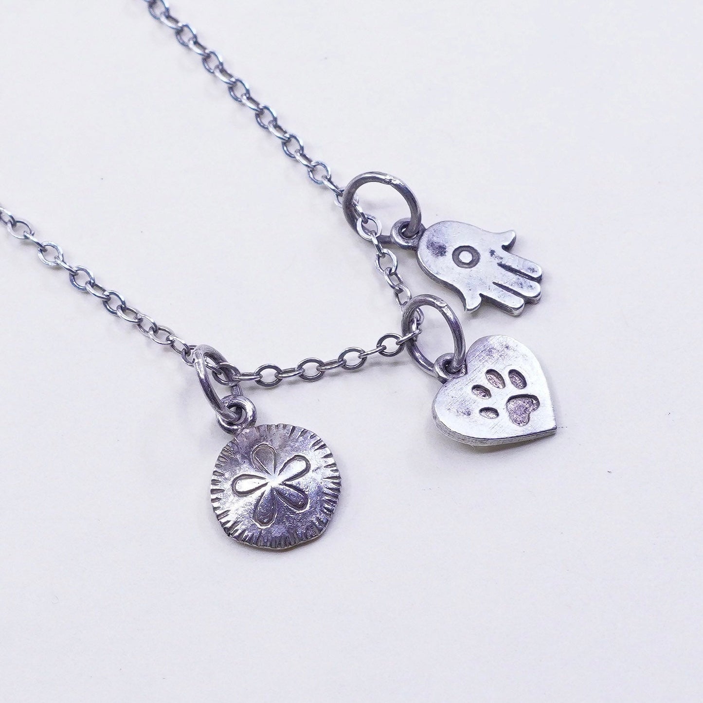 18”, sterling silver necklace, 925 chain heart paw hand sand dollar Pendant