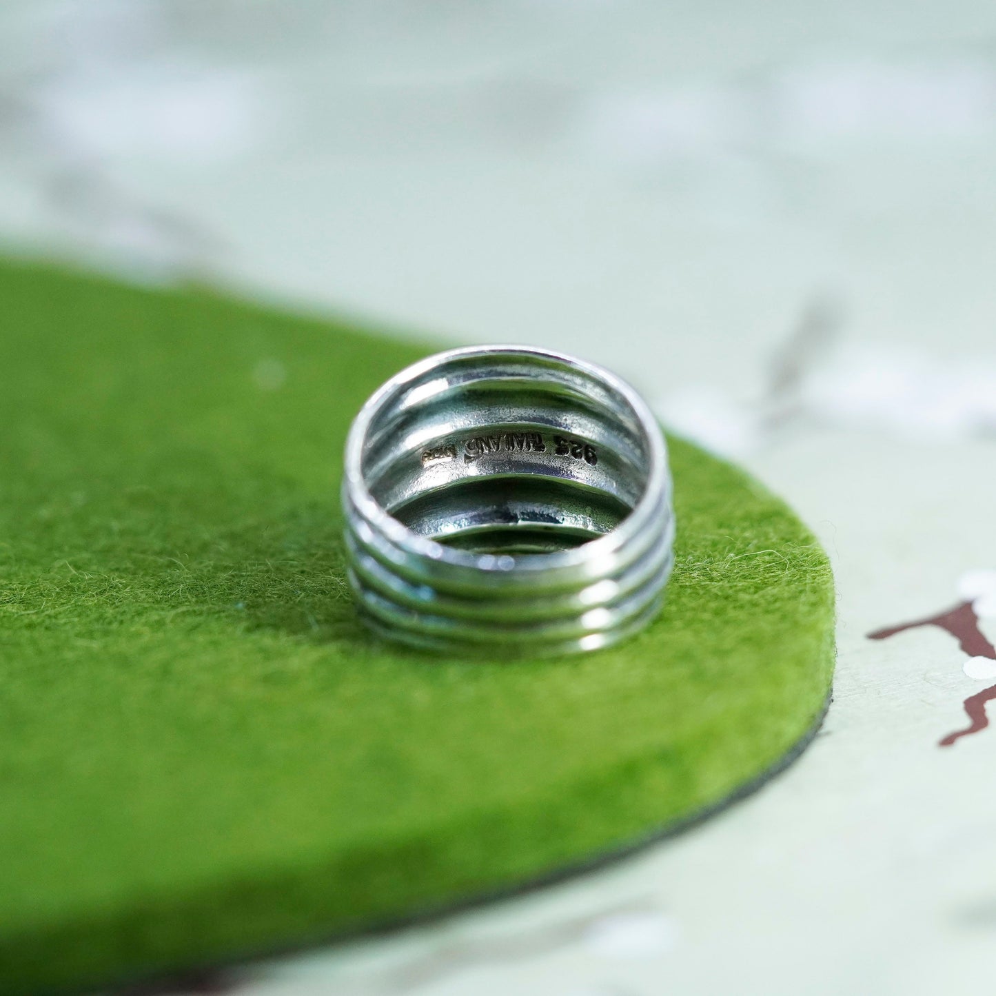 Size 7.5, vintage sterling silver handmade ribbed ring, wide 925 statement band
