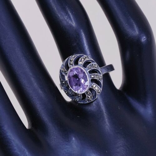 Sz 7.5 Vtg Sterling Silver Handmade Ring, 925 w/ Amethyst n marcasite inlay