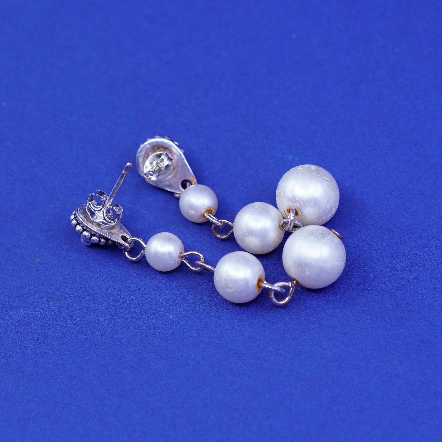Vintage Sterling silver handmade earrings, bali 925 studs with pearl drops