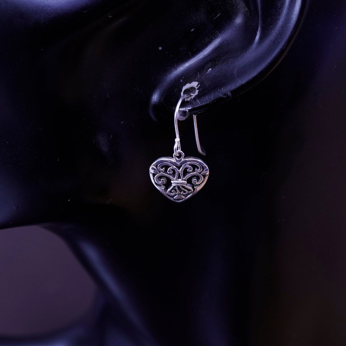 Vintage Sterling silver handmade earrings, 925 filigree heart drops