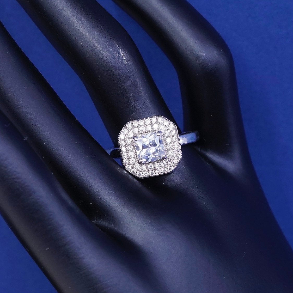 Size 8.25, vtg Sterling silver engagement ring, 925 band w/clear cz
