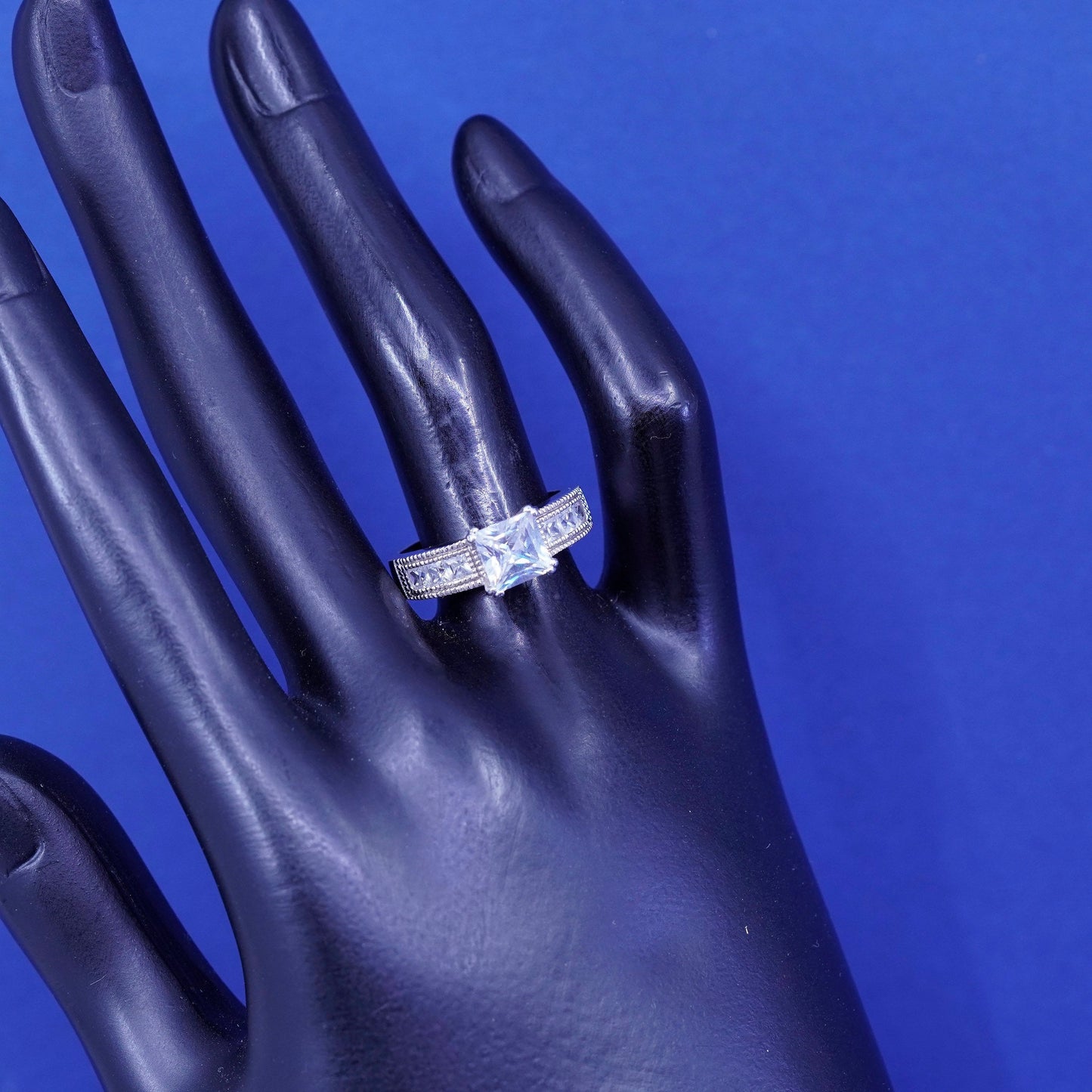 Size 7.5, vintage Sterling 925 silver ring with cluster crystal, engagemen