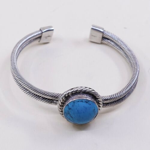 7” Vtg Mexico Handmade Round Turquoise Sterling 925 Silver Cuff Bracelet