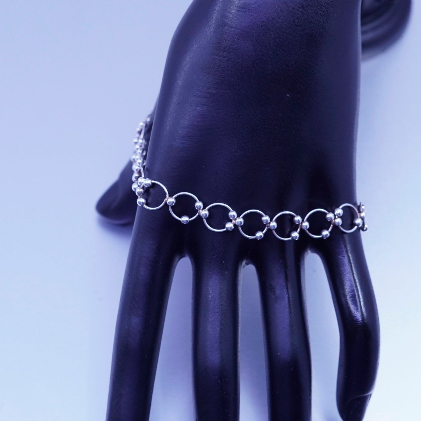 8.5”, Sterling 925 silver handmade bracelet, circle link charm chain with beads