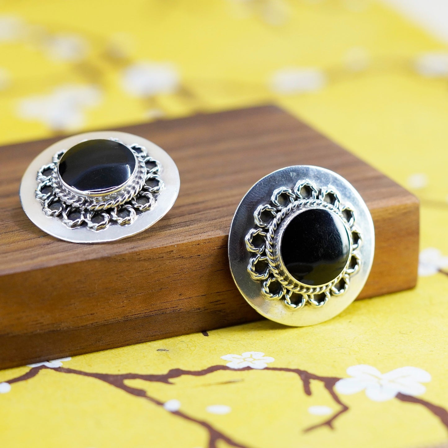 Mexico Sterling silver earrings, huge 925 studs with round obsidian and cable