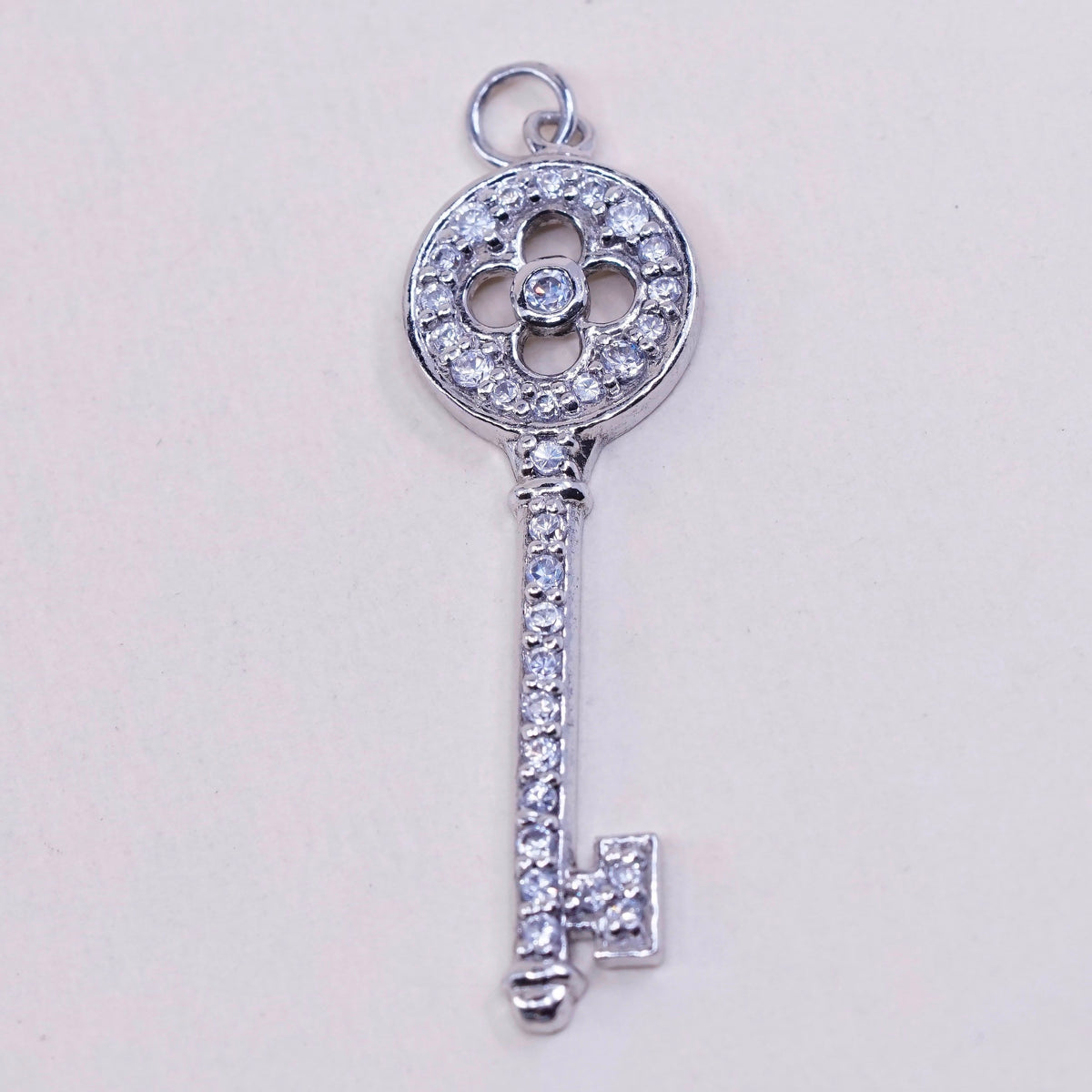 Vintage sterling silver key with cz crystal pendant, 925 silver charm
