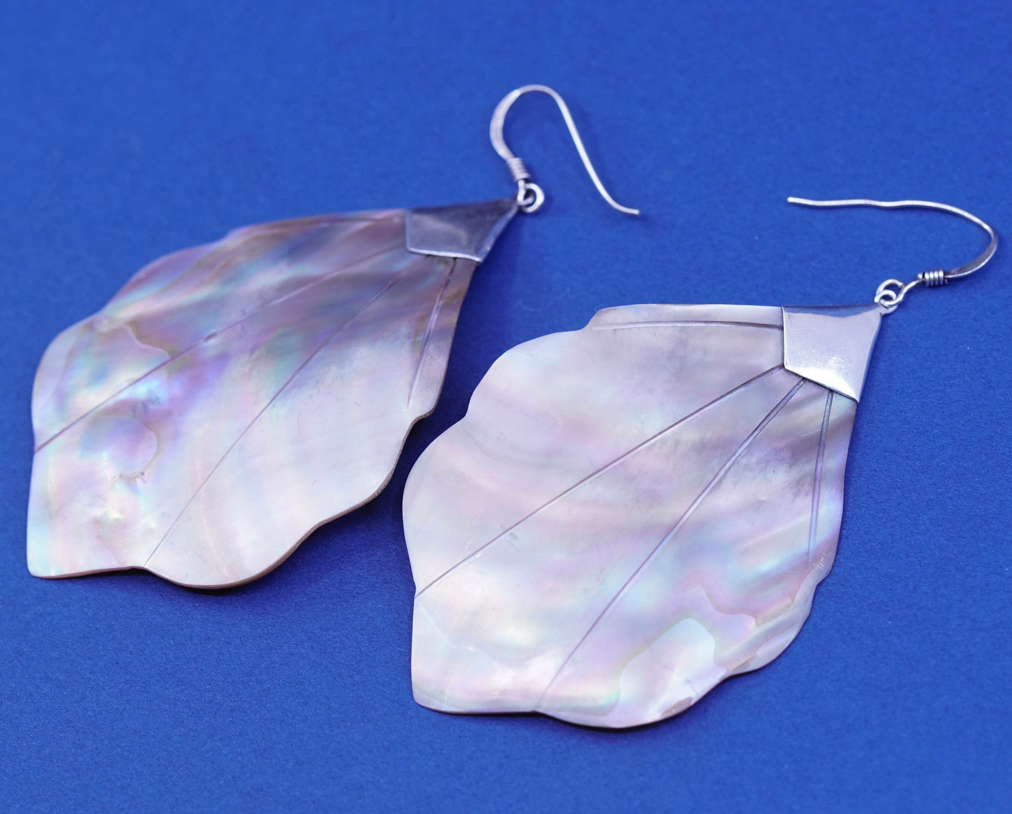 Vintage sterling 925 silver handmade earrings with feather abalone dangles