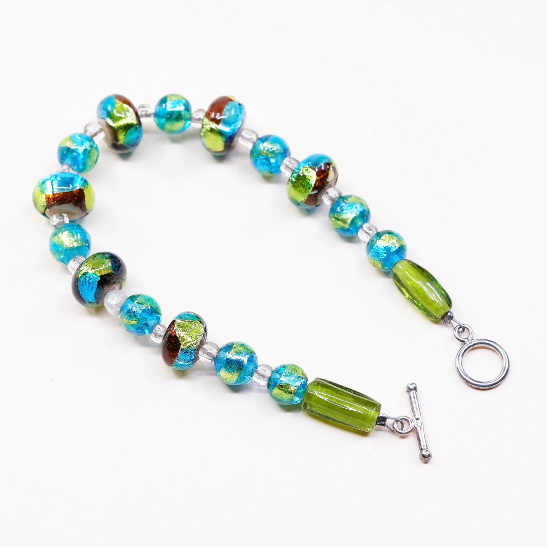 6.75", VTG 925 Sterling silver beads bracelet w/ artisan green glass beads