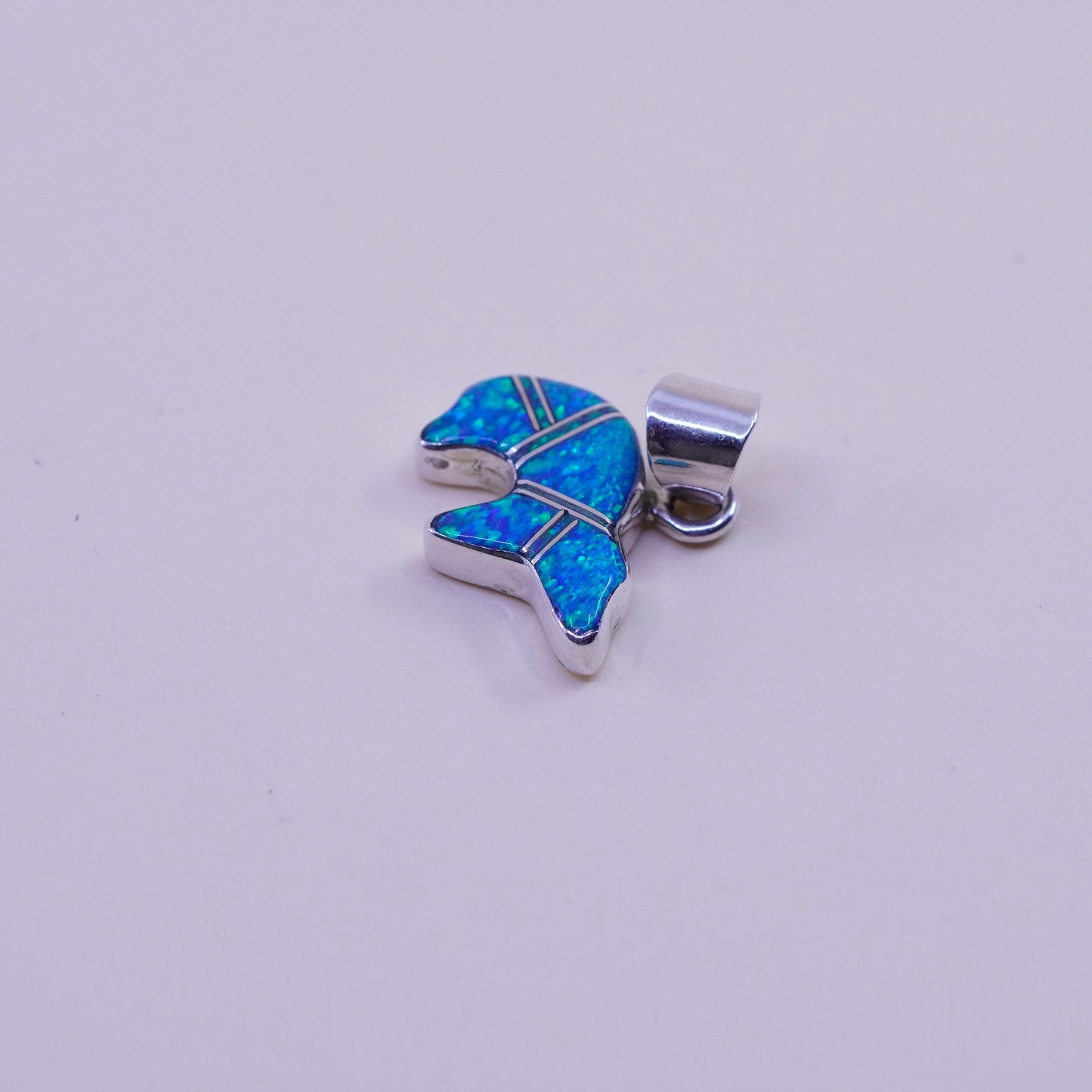 Native American zuni EJ Sterling silver handmade pendant, 925 bear charm opal