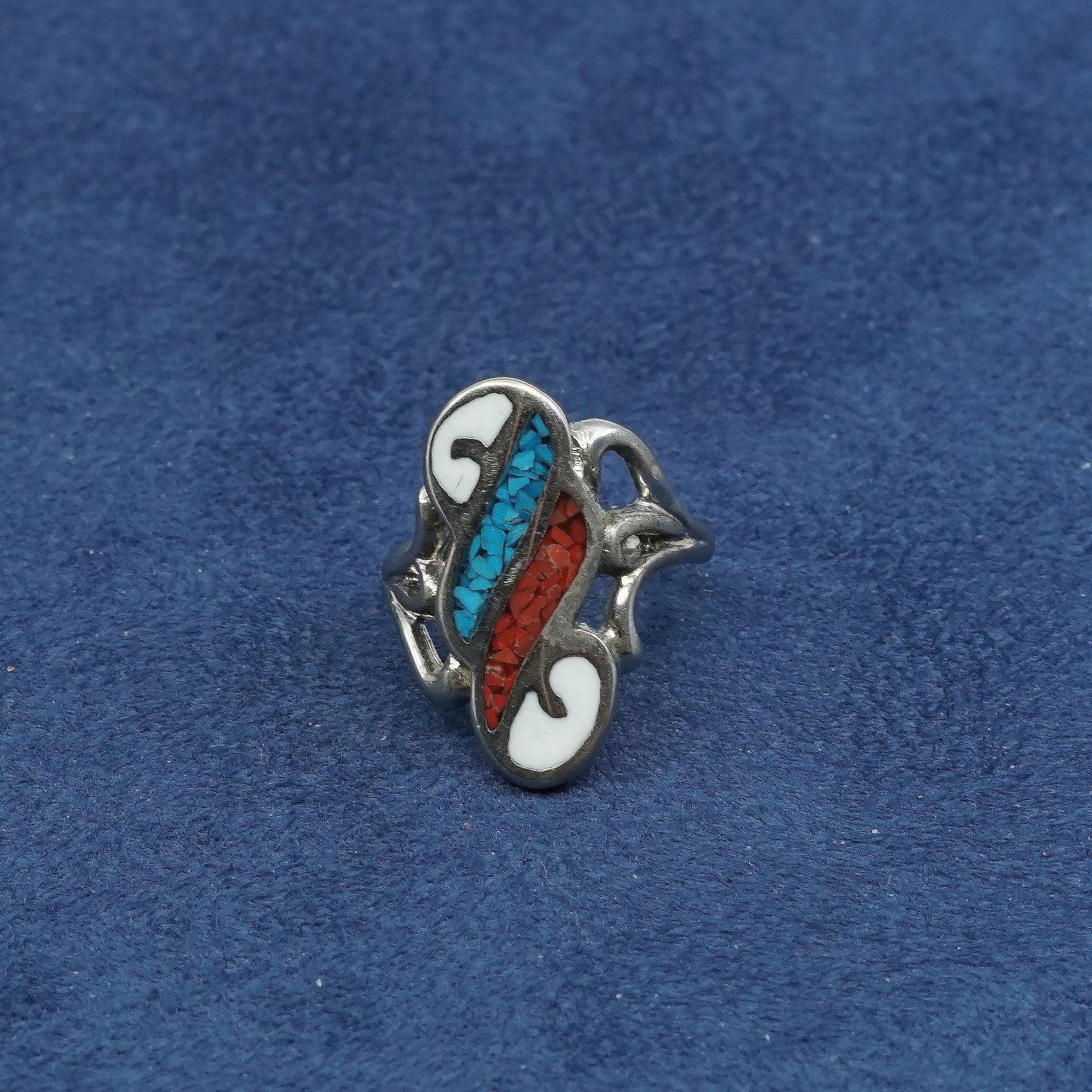 sz 5.25, Native American sterling 925 silver handmade ring w/ turquoise coral