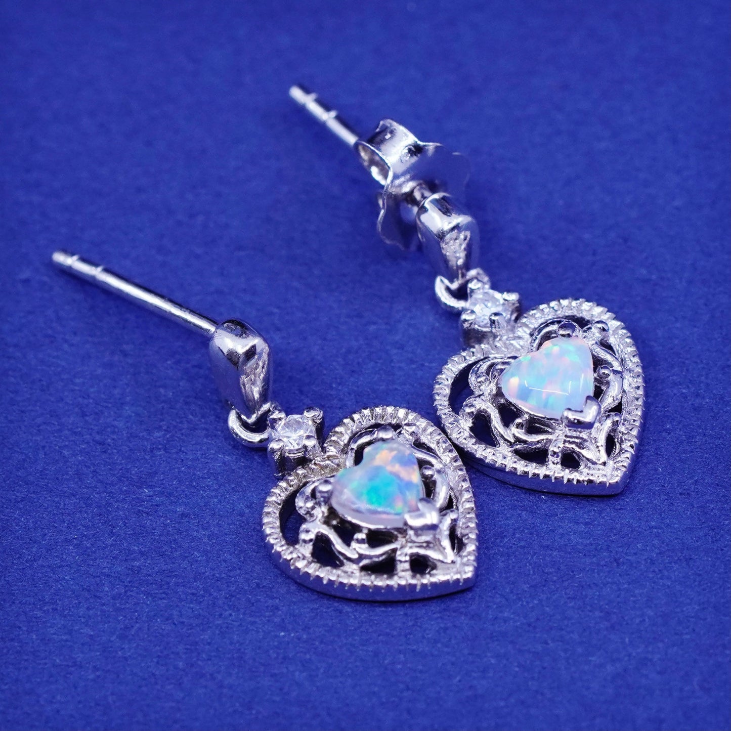 Vintage sterling 925 silver filigree heart earrings with fire opal