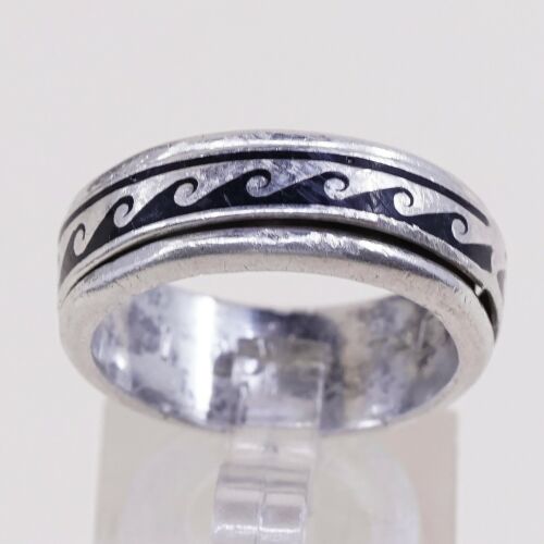 Sz 8.5, Vtg Sterling Silver Handmade Ring, 925 Spinner Band W/ Wavy Pattern