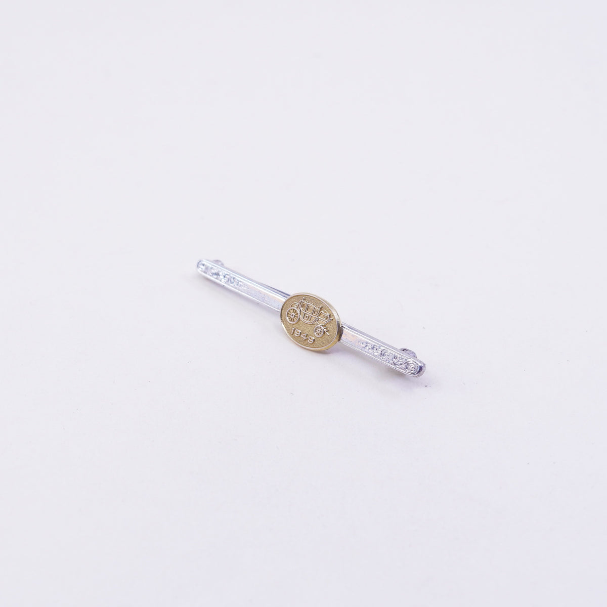 two Tone trochenbrod sterling silver brooch, 925 long bar w/ brass tag 1949