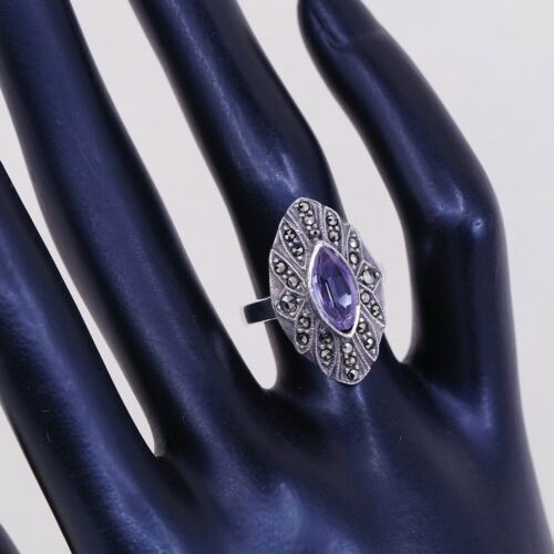 Sz 6.25, Vtg Sterling Silver handmade Ring, 925 W/ Marquise amethyst n marcasite
