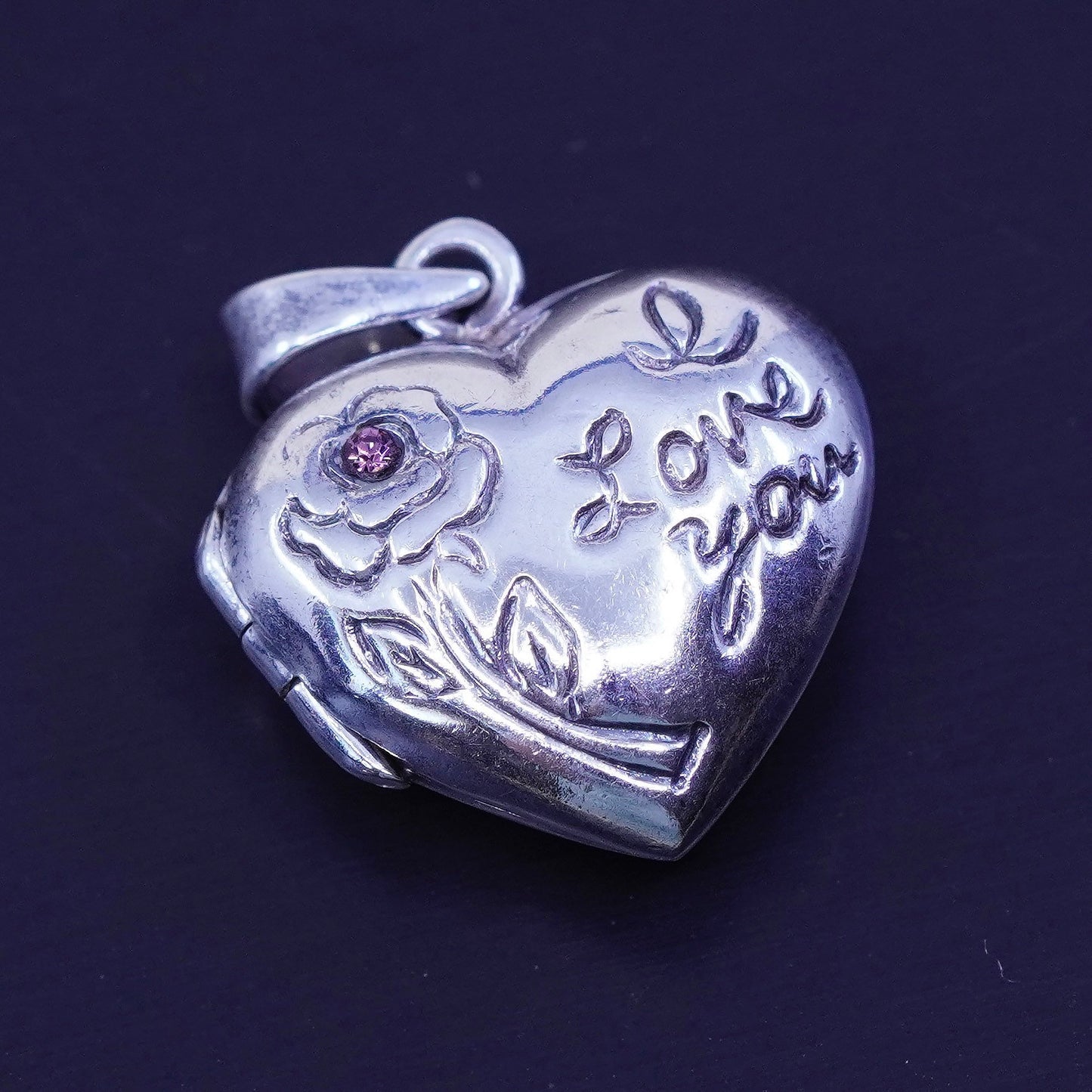 Antique Sterling silver charm, 925 heart photo locket flower and “I love you
