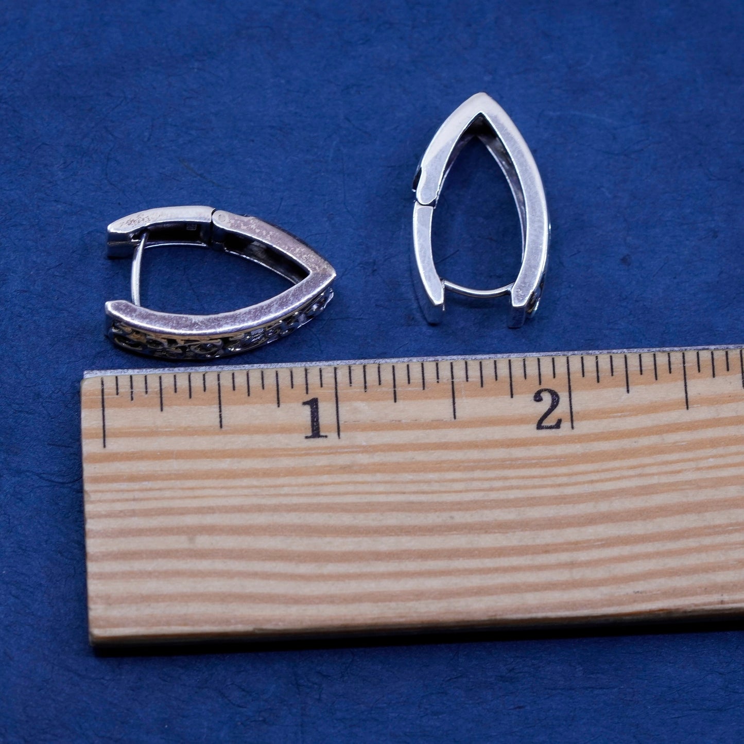 1”, Vintage Sterling silver handmade earrings, V 925 filigree hoops Huggie