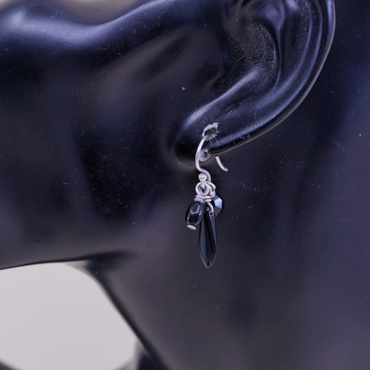Vintage Sterling 925 silver handmade earrings with teardrop obsidian drops