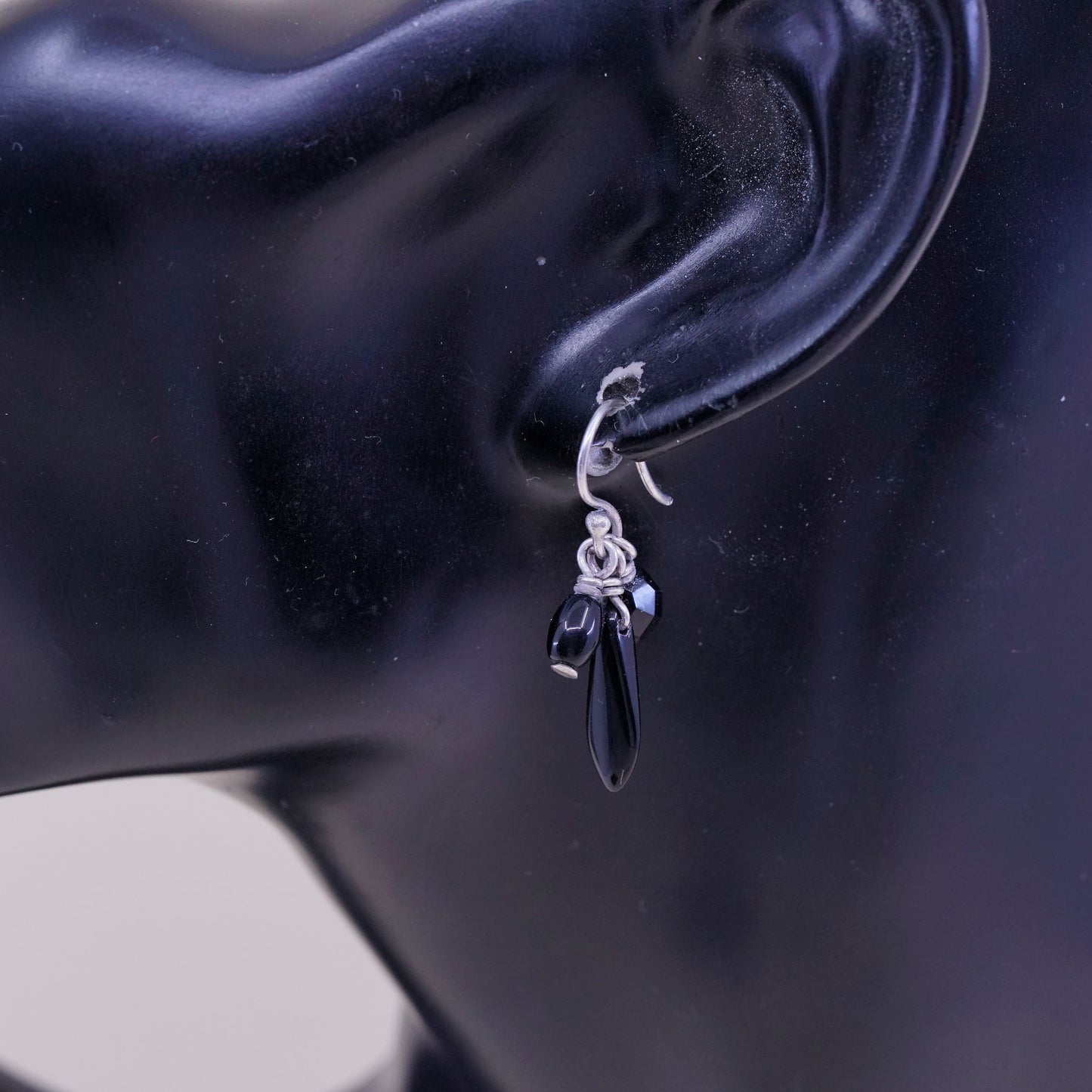 Vintage Sterling 925 silver handmade earrings with teardrop obsidian drops