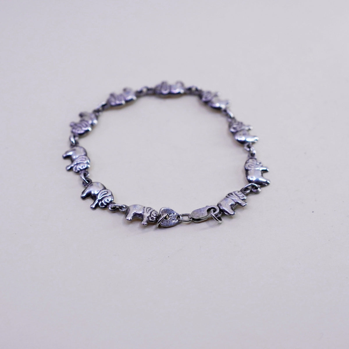 7.5”, vintage Sterling Silver Handmade Bracelet, 925 Elephant link chain