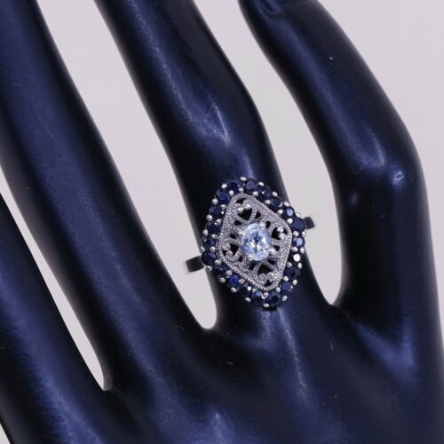 Sz 6 Vtg CNA Sterling silver Engagement ring, 925 W/ Cluster Sapphire N Topaz