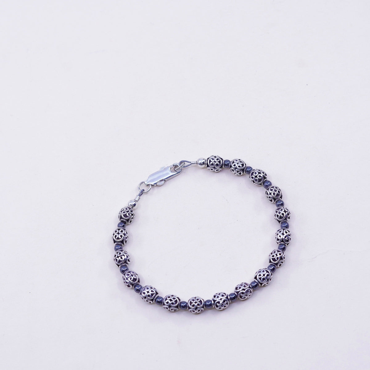 6.5”, Vintage sterling silver bracelet, filigree 925 beads bracelet, jewelry