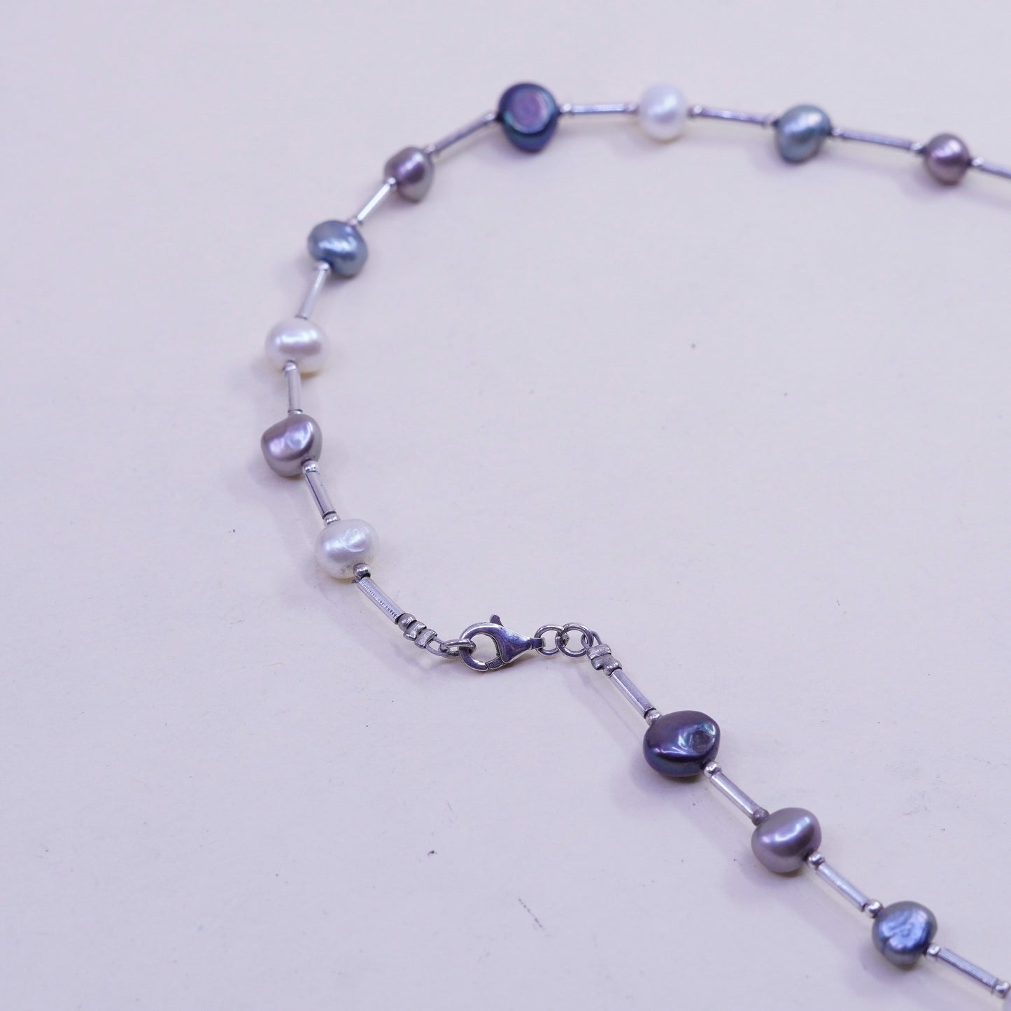 20”, Vintage genuine pearl beads necklace chain with sterling 925 silver bar