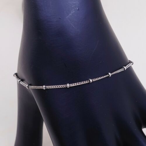 7.25”, 1mm, Vtg Sterling Silver bracelet, Italy Curb chain W/ Beads, Stamped 925