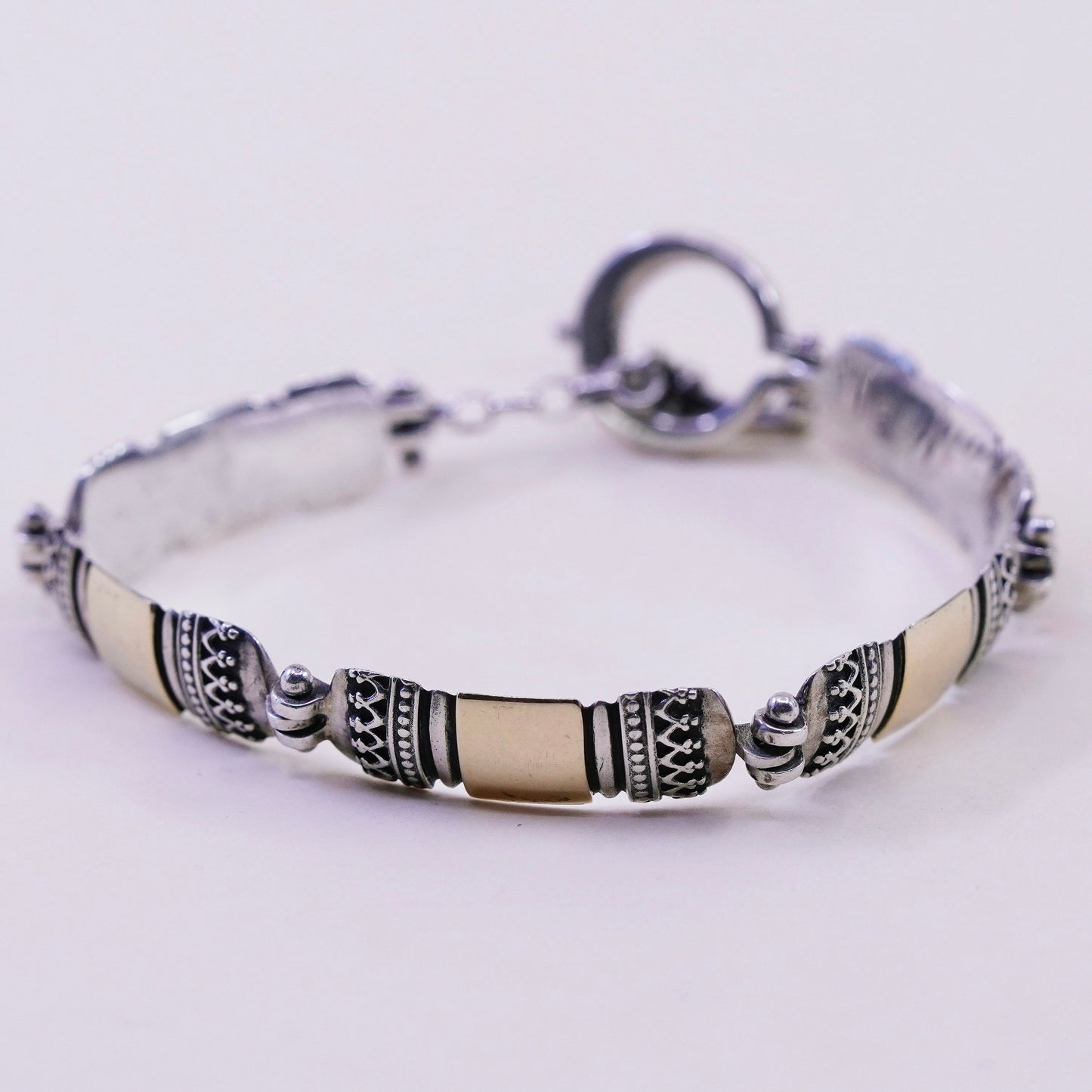 6.75”, 14K gold accent w/ sterling silver handmade bracelet, 925 bar chain bail