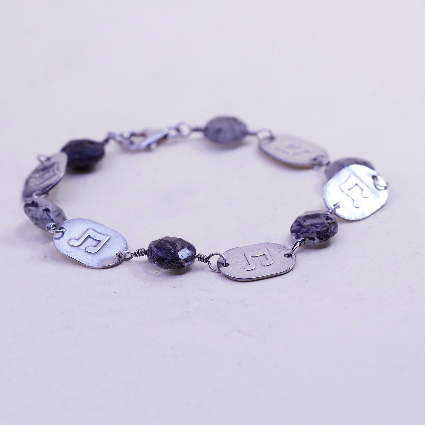 7.25”, vintage Sterling 925 silver handmade bracelet music discs Quartz
