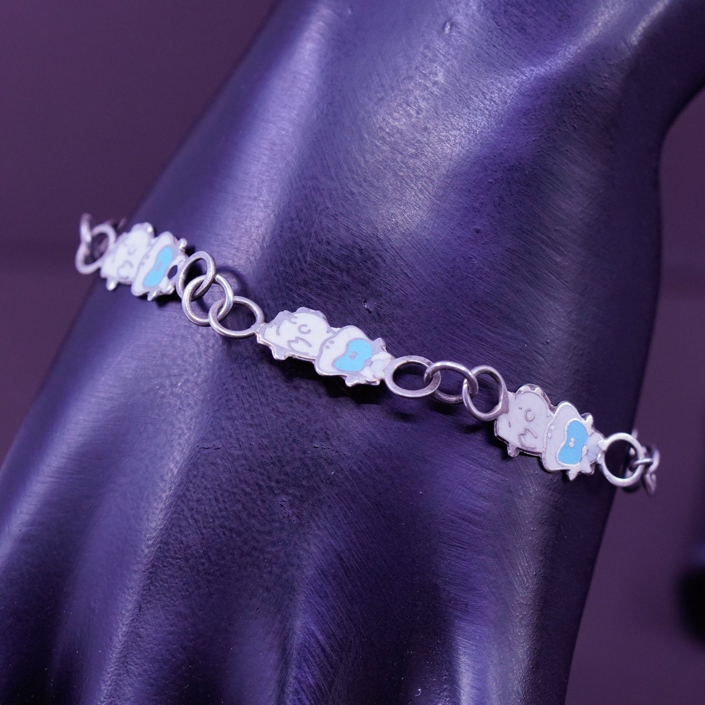 7”, vintage jewelry Sterling 925 silver handmade bracelet with enamel cow