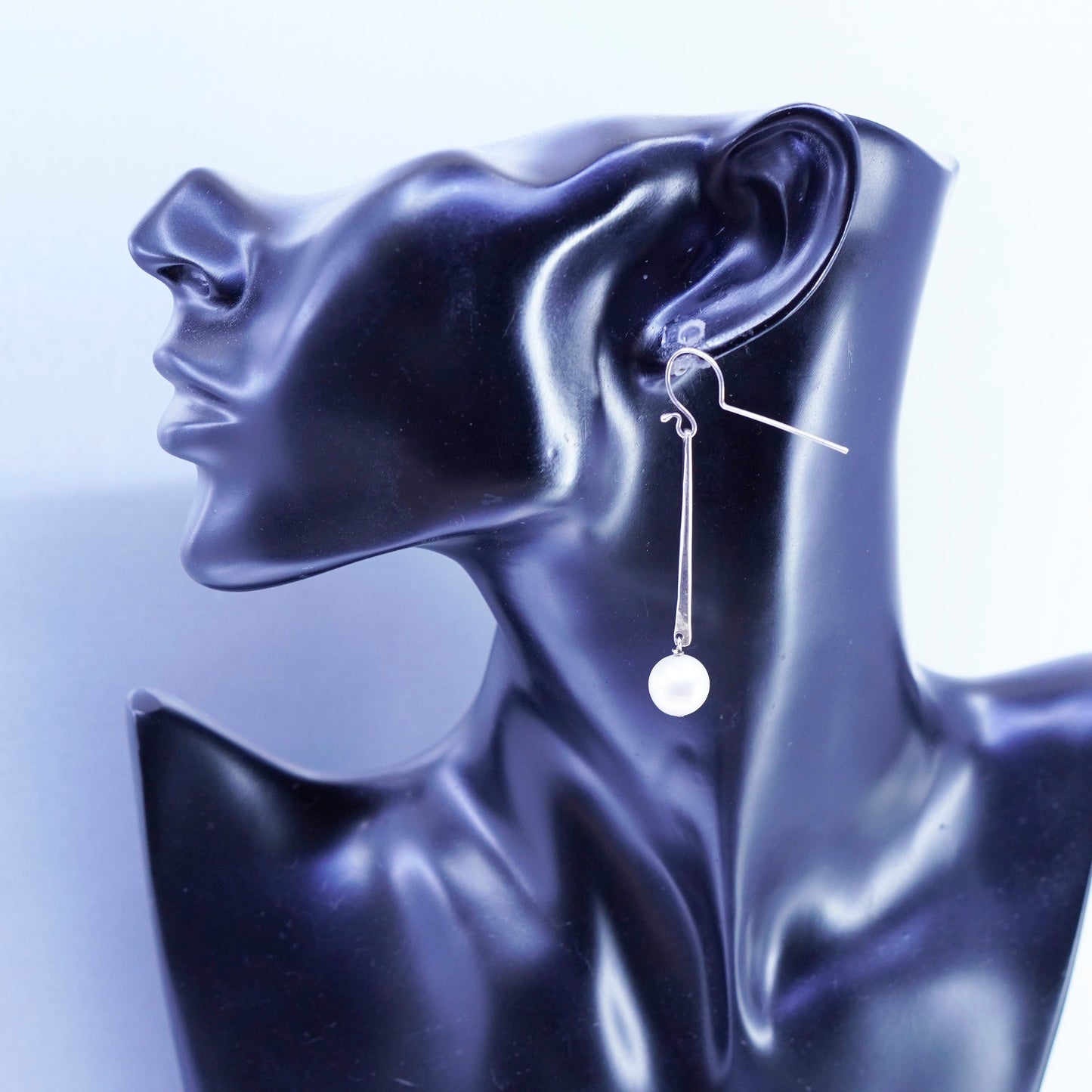 2.5”, Vintage Sterling 925 silver handmade bar earrings with pearl beads