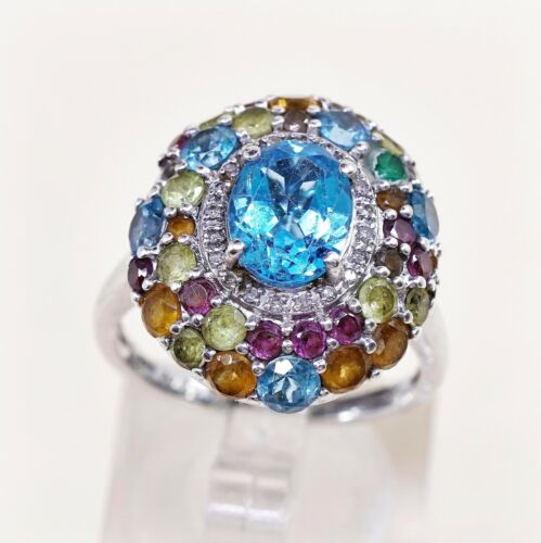 Sz 7.5, Vtg Sterling silver Engagement ring, 925 W/ Colorful Cluster Crystal