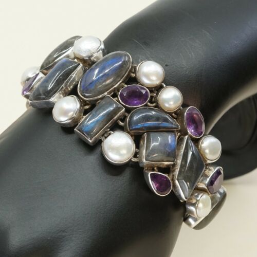 6.75”, Sterling Silver Handmade Bracelet, 925 W/ Labradorite, Pearl, Amethyst