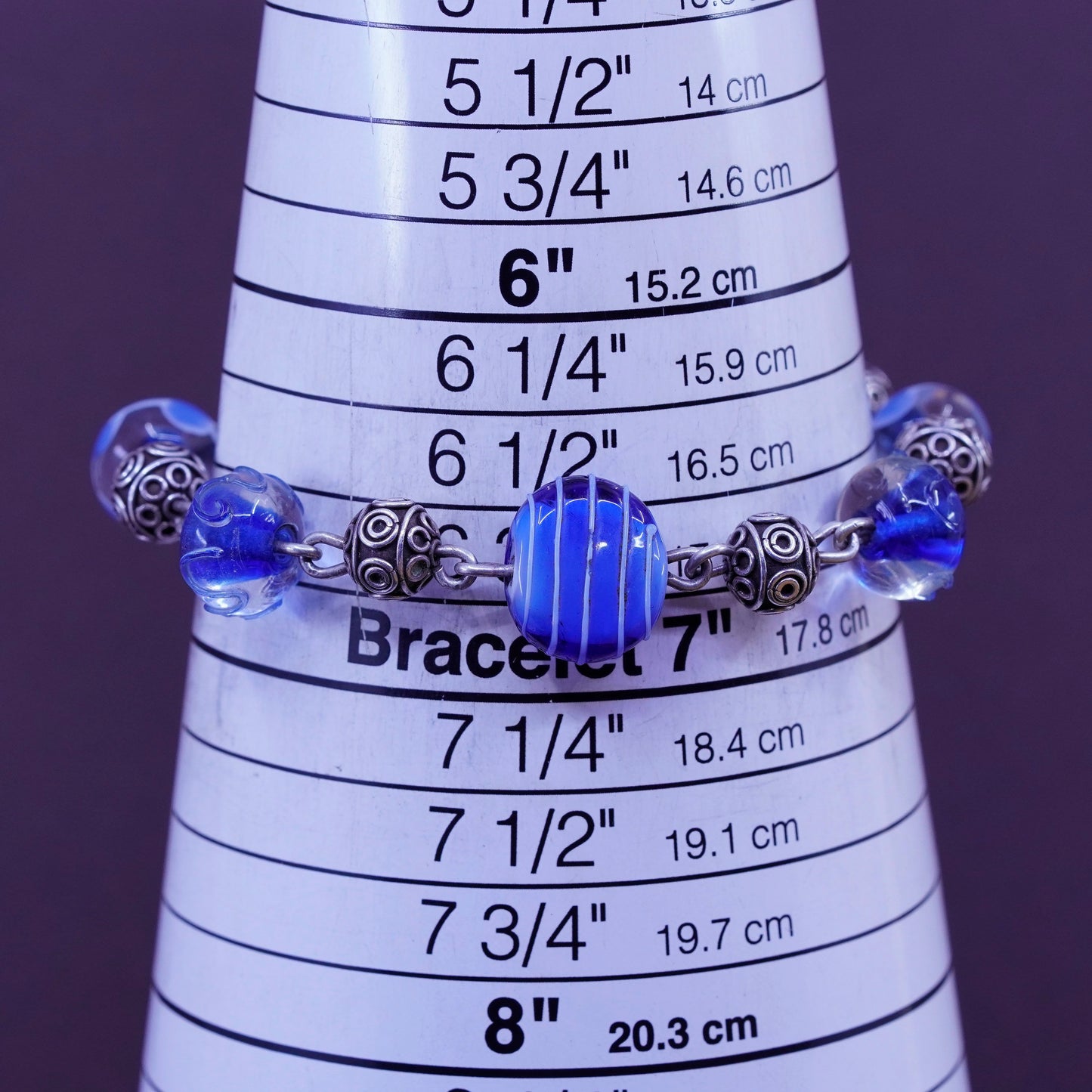 6.75”, handmade bracelet, blue artisan glass beads bracelet Sterling 925 silver