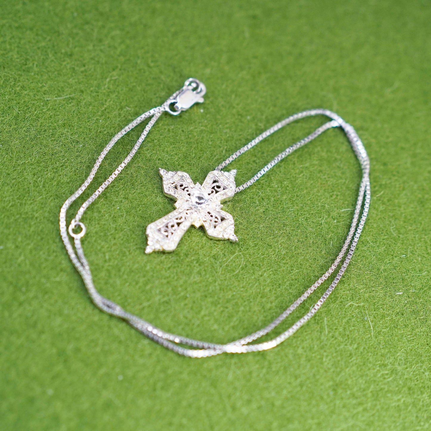 16+2”, sterling silver handmade necklace, 925 box chain filigree cross Pendant
