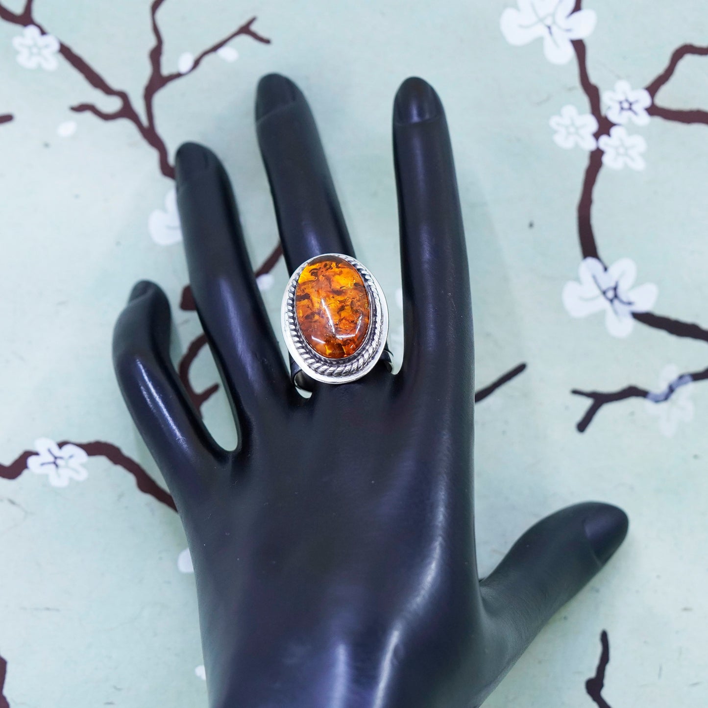 Size 8.75, Vintage Jay King DTR sterling 925 silver handmade ring w/ oval Amber