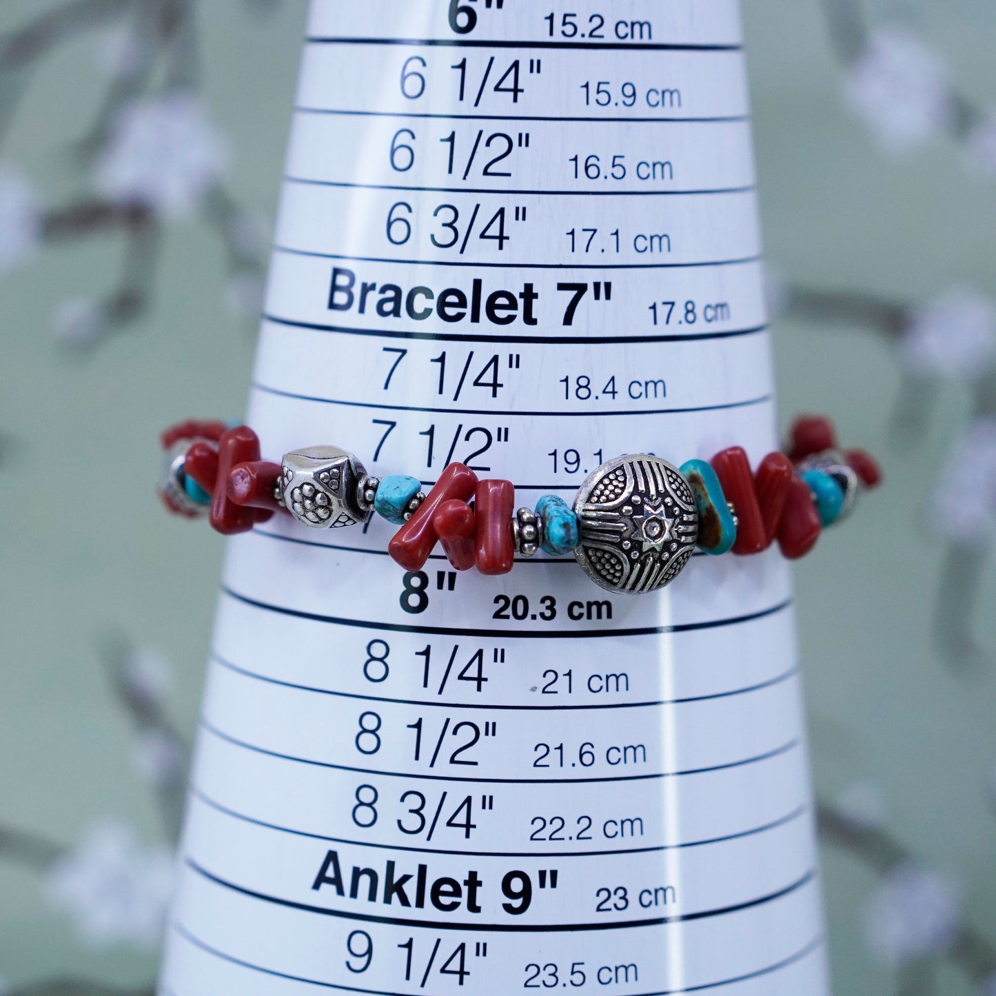 7+0.5”, southwestern Sterling 925 silver bracelet with turquoise coral beads