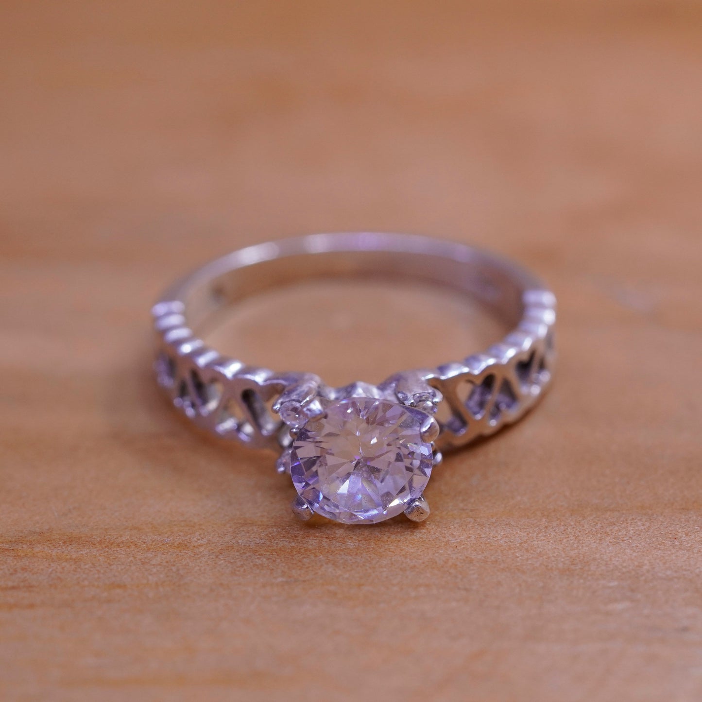 Size 7.25, vintage Sterling silver handmade ring, 925 engagement heart band cz