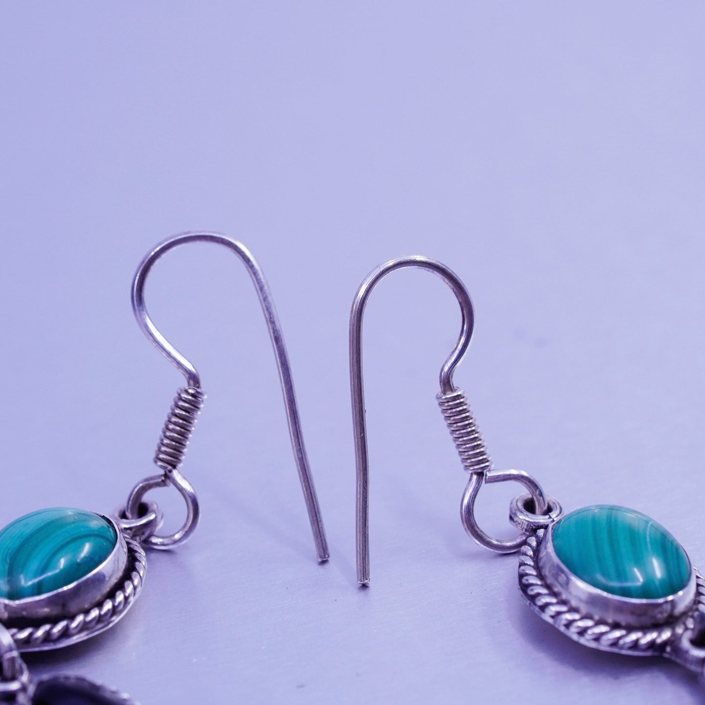 Vintage Sterling 925 silver oval earrings with malachite and obsidian
