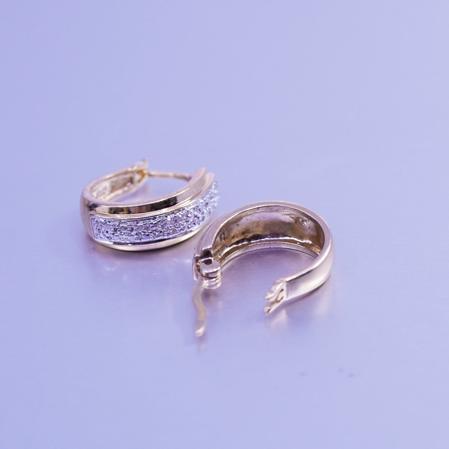 0.5”, vintage vermeil gold over Sterling silver earrings, 925 hoops w/ diamond