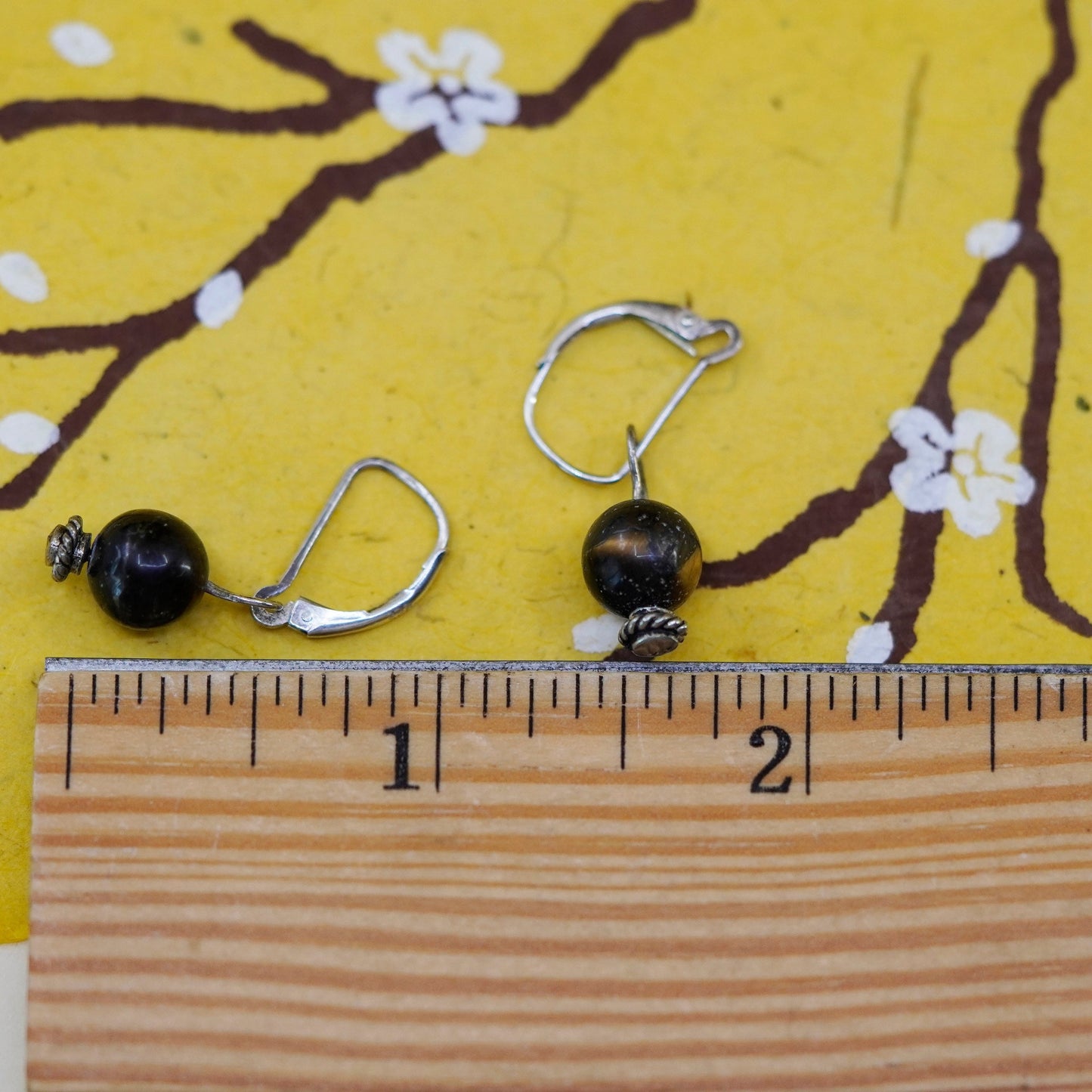 Vintage Sterling 925 silver handmade earrings with golden cat’s eye beads