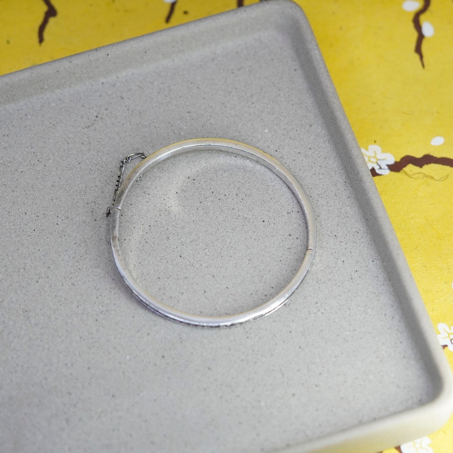 7”, Sterling silver handmade bracelet, 925 hinged bangle with cz secure chain
