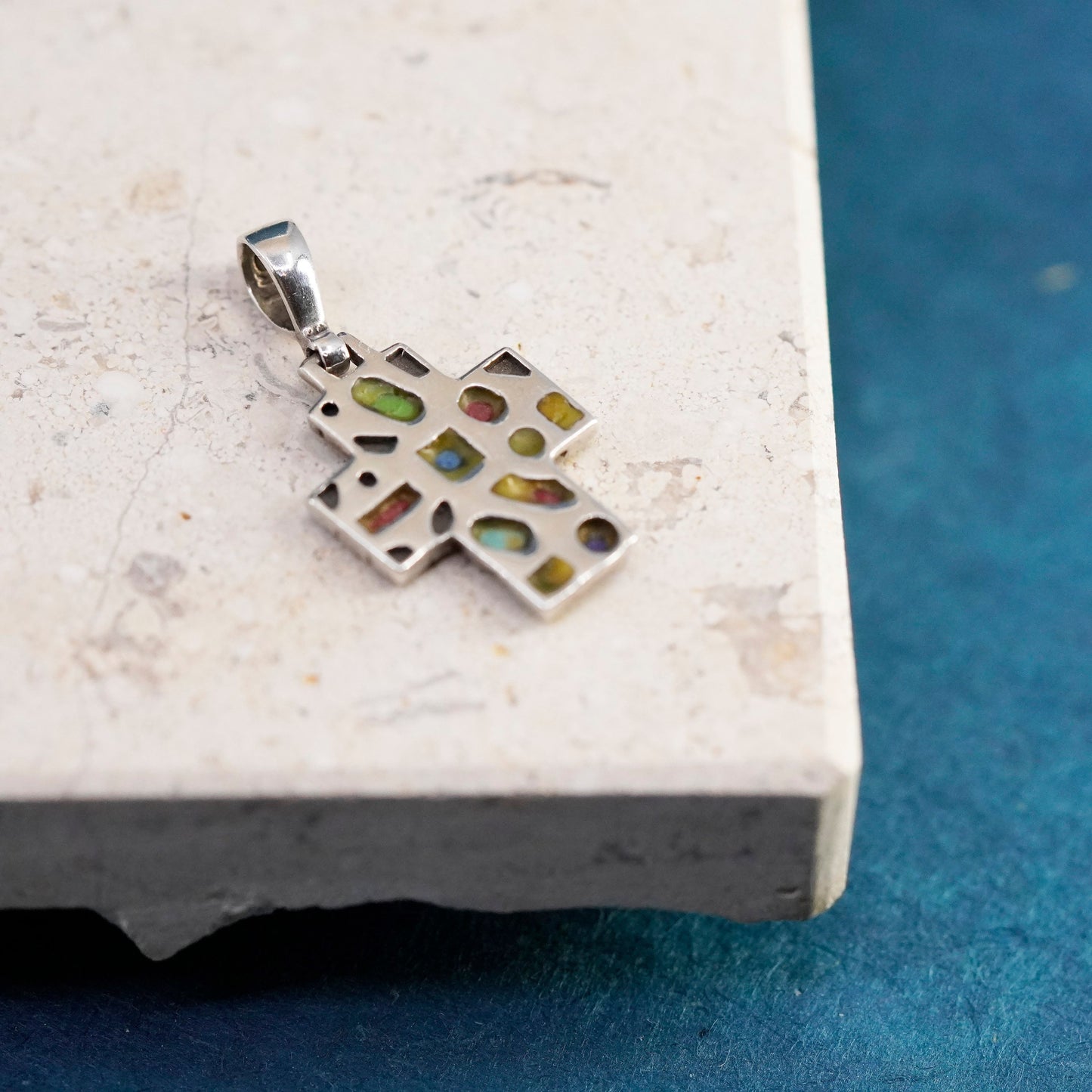 Vintage Sterling silver handmade pendant, 925 gemstone beads cross