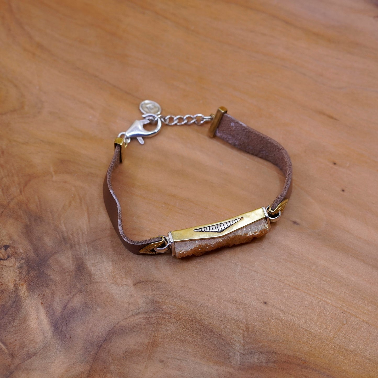 7.25” Silpada Sterling 925 silver Gold Brass Druzy Blush Leather Bracelet B3387