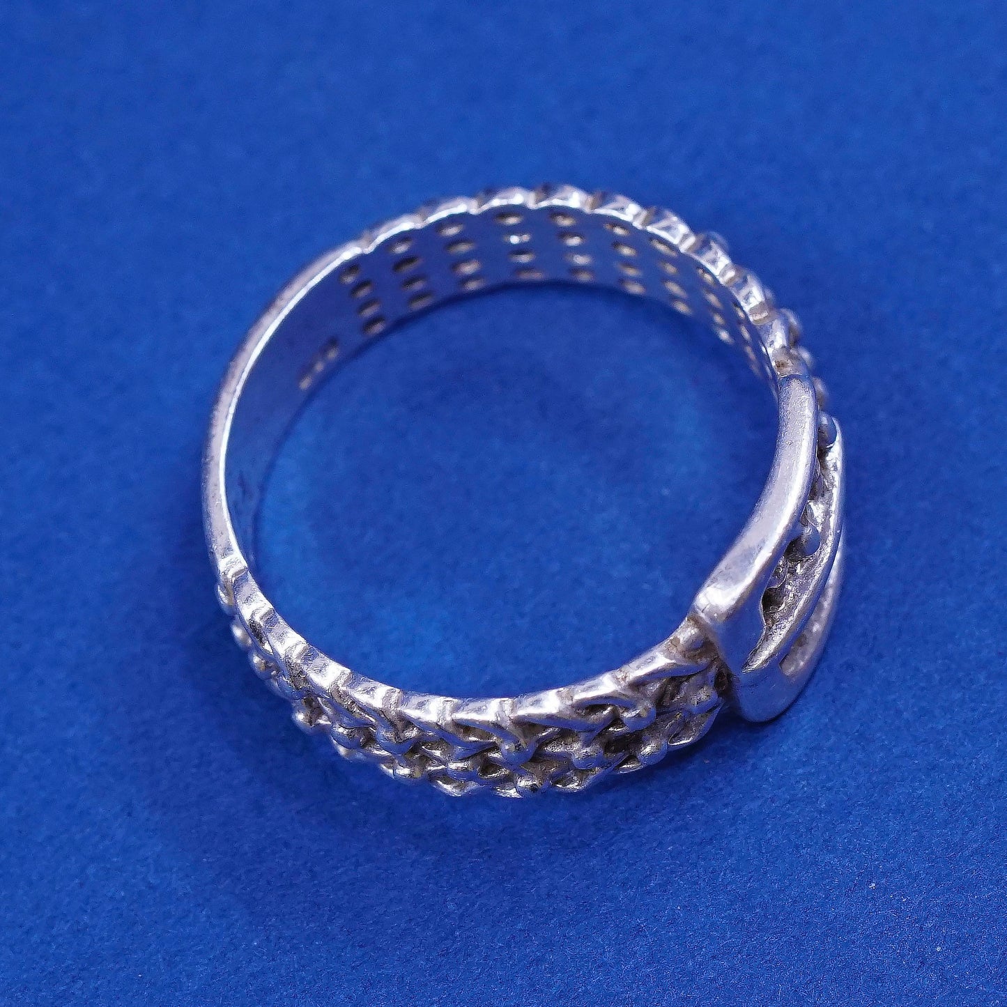 sz 7.25, vtg sterling silver handmade ring, 925 filigree belt band
