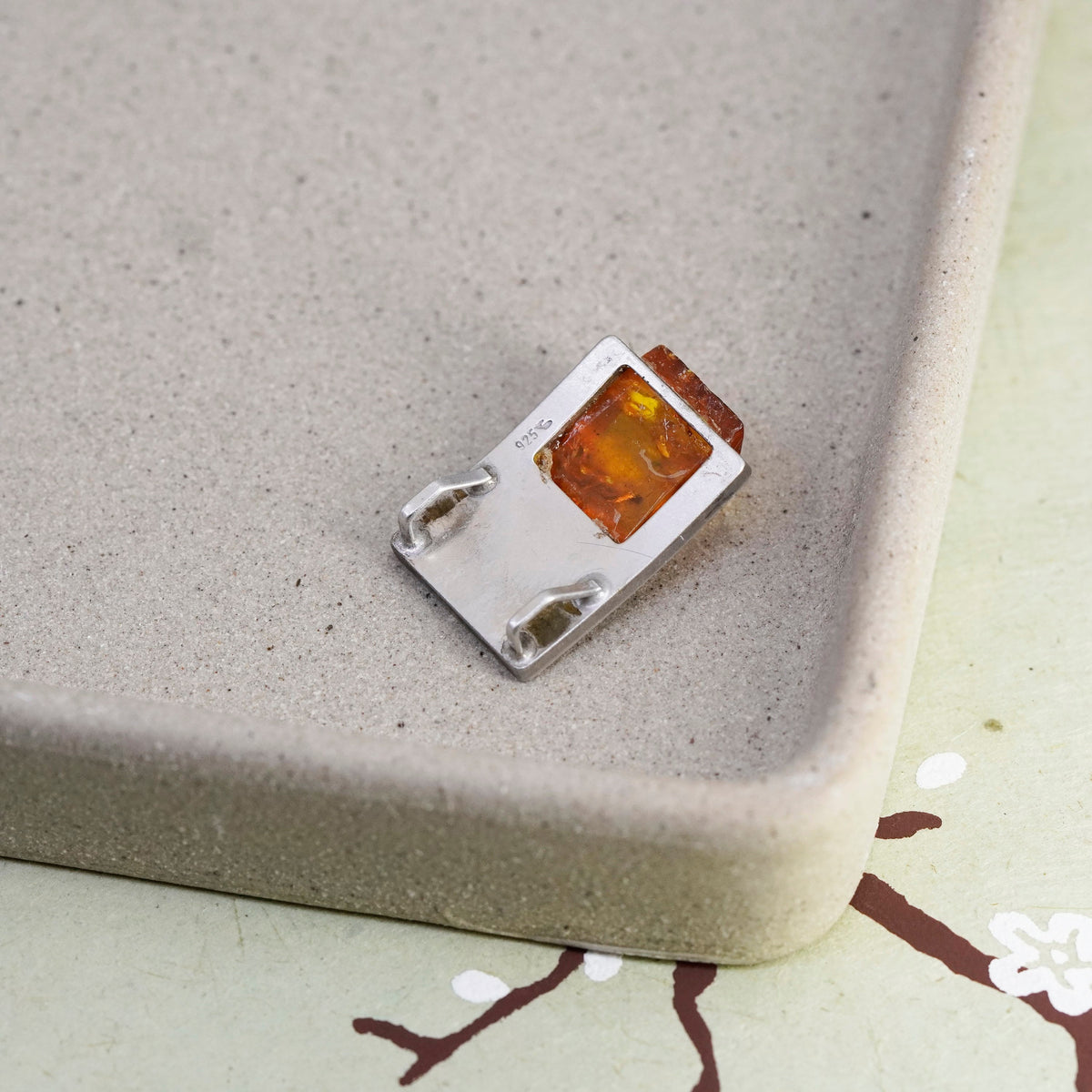 Vintage matte sterling 925 silver handmade modern pendant with amber